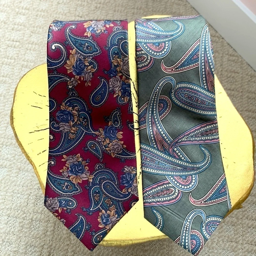 NWT pair 90’s Vintage Bert Pulitzer Paisley Ties. 100% Silk Burgundy/Olive Green